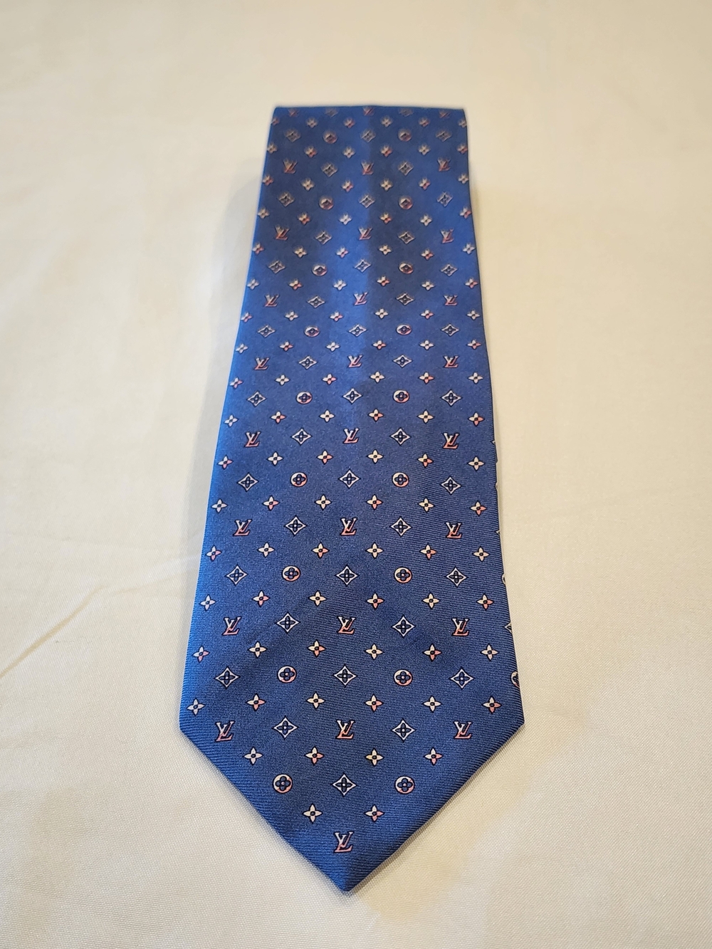Louis Vuitton Blue Silk Monogram Tie with Pink Accents